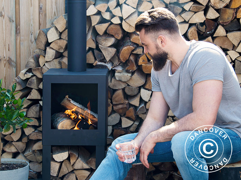 Lauko židinys su malkų sandėliu, 38,4x38,4x136cm, Juoda