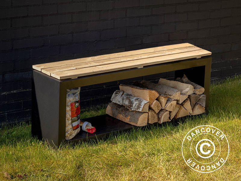 Bank mit Holzlager, 29,5x118x48cm, Schwarz/Holz