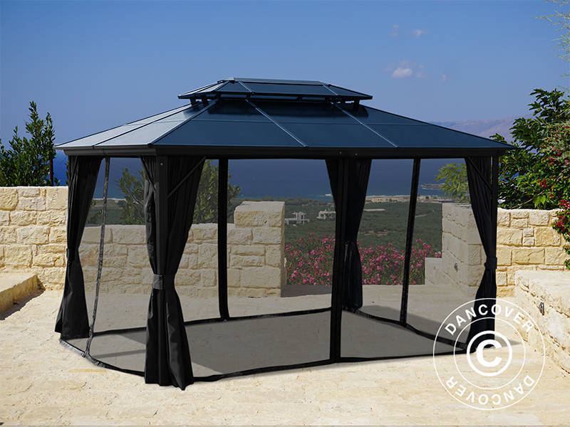 Cenador Santa Ana Alu+ con cortinas y mosquitera, 3x4 m, Negro