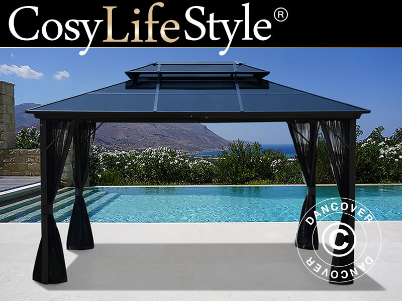 Paviljonki Santa Ana Alu+ verhoilla ja hyttysverkolla, 3x4m, Musta