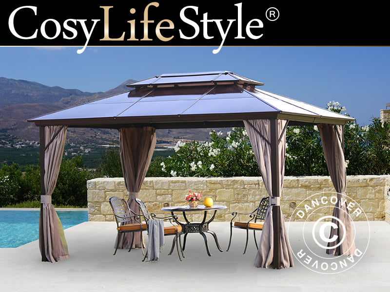 Gazebo Santa Ana Alu+ w/curtains and mosquito net, 3x4 m, Brown