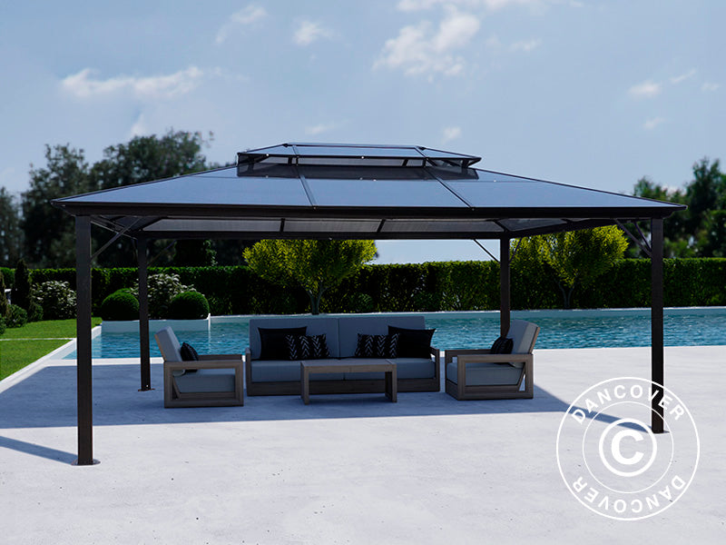 Tenda Gazebo Santa Ana Alu+ c/ cortinas e rede de mosquito, 3,65x4,85m, Preto