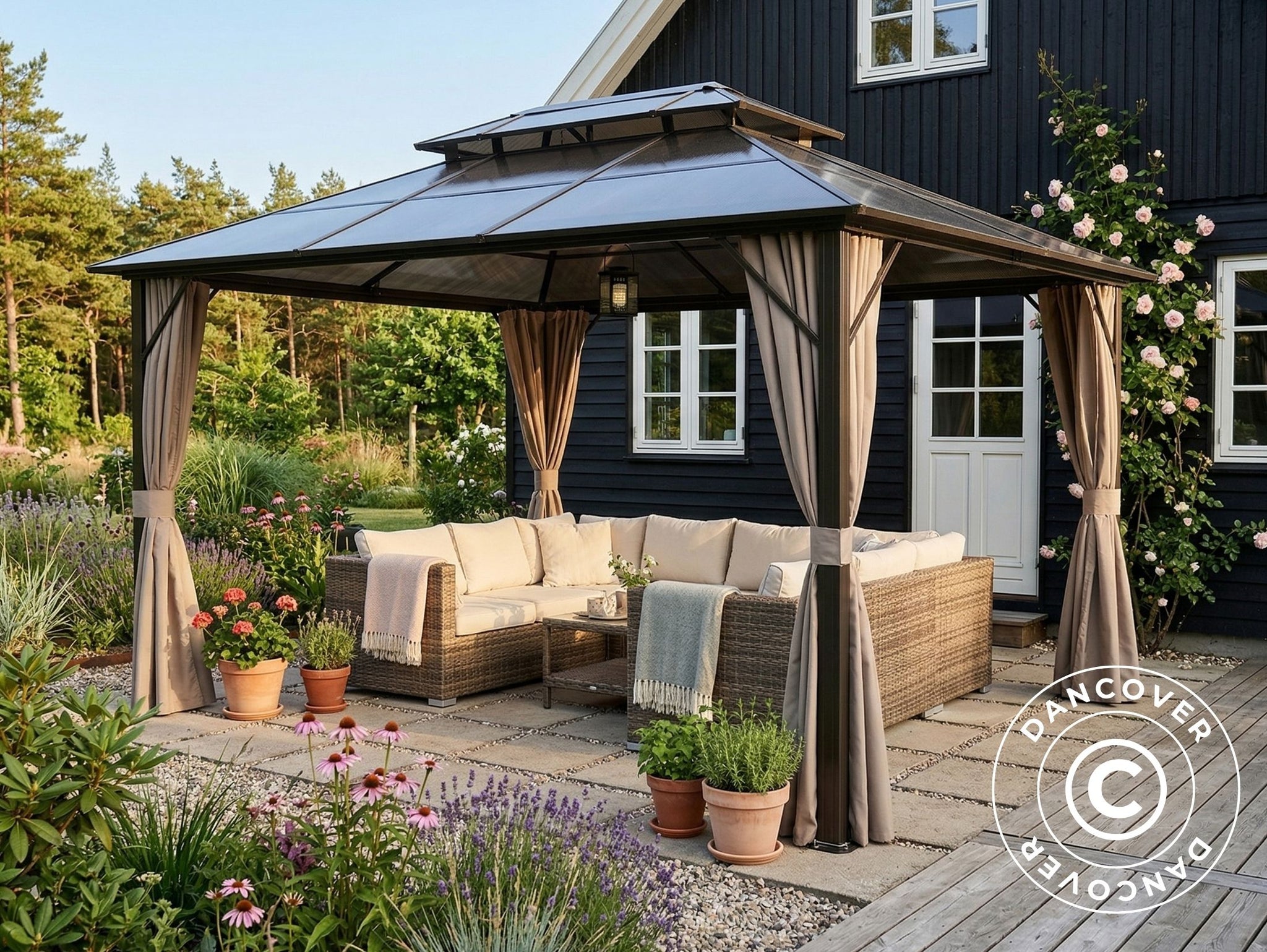 sonnensegel pavillon 3x4 Pavillon Santa Ana Steel+ mit Vorhängen und Moskitonetz, 3x4m, Braun