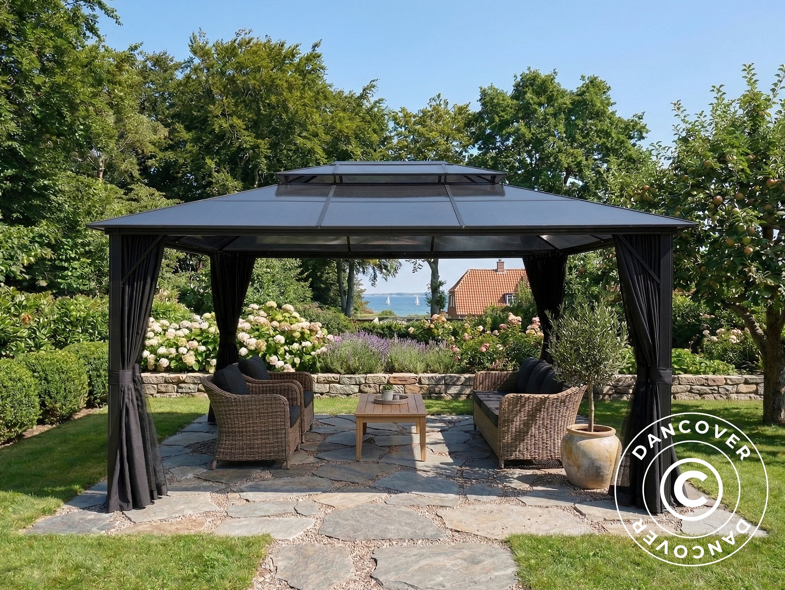 Gazebo Santa Ana Steel+ w/curtains and mosquito net, 3.65x4.85 m, Blac