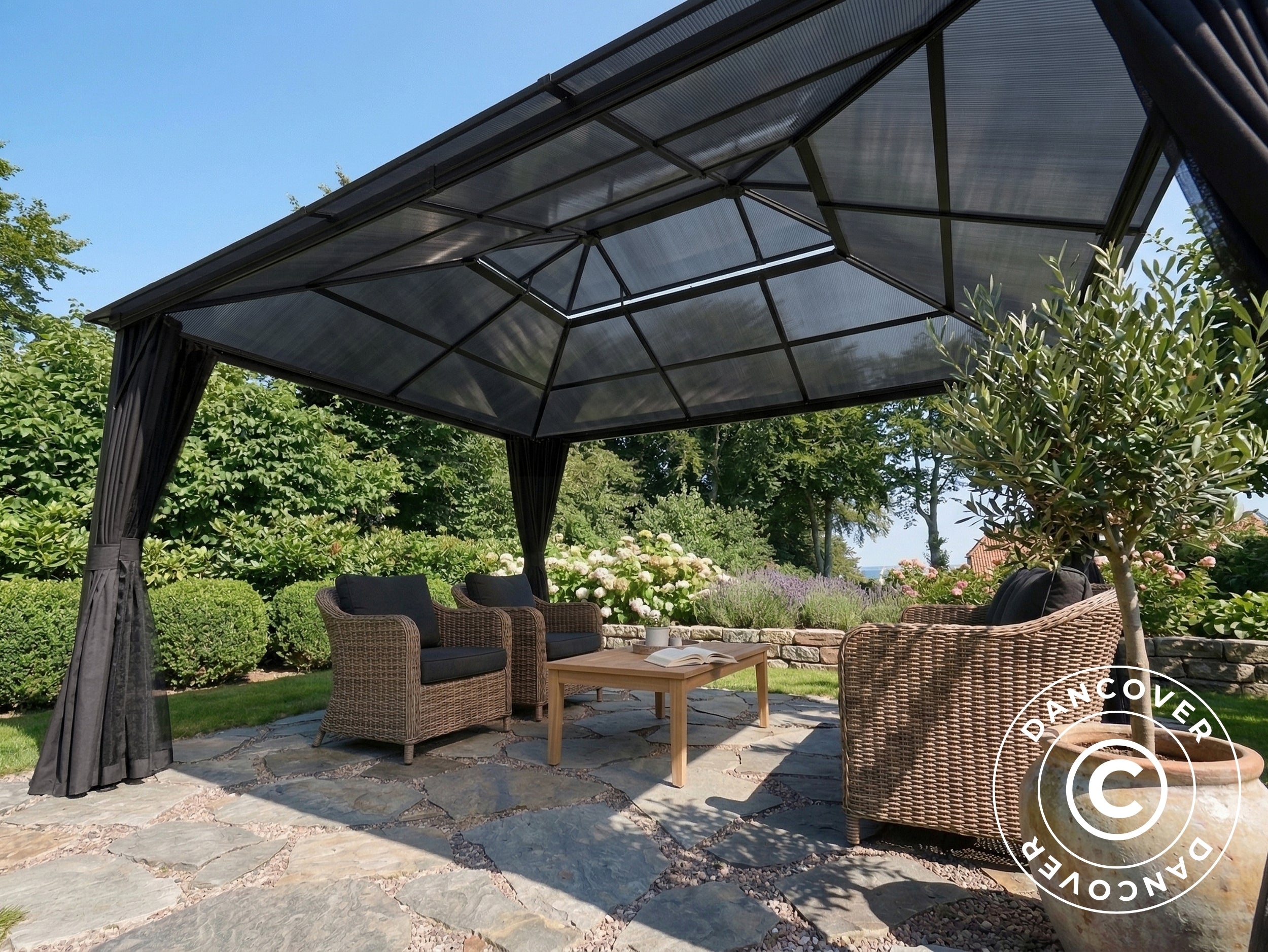 Gazebo Santa Ana Steel+ w/curtains and mosquito net, 3.65x4.85 m, Blac