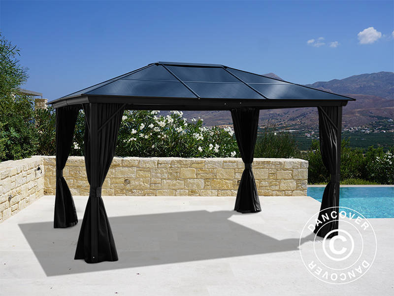 Gazebo Santa Barbara Alu+ w/curtains and mosquito net, 3x4 m, Black
