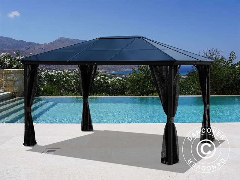 Cenador Santa Bárbara Alu+ con cortinas y mosquitera, 3x4m, Negro