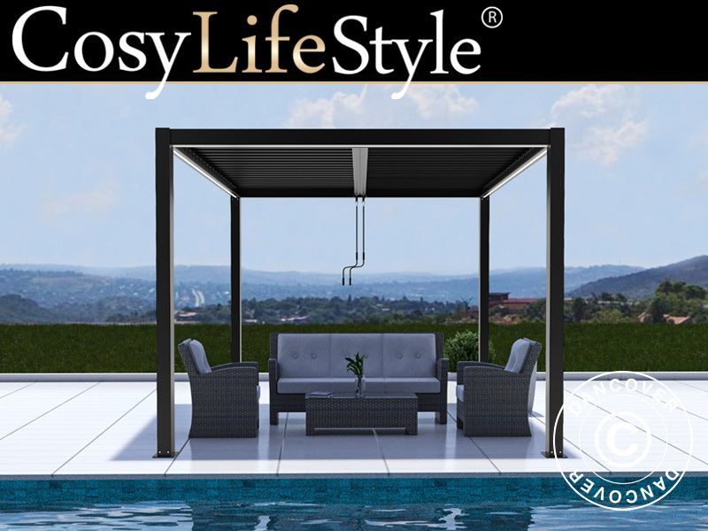 Bioklimatische Pergola pavillon San Pablo Alu+, 3x3m, Schwarz