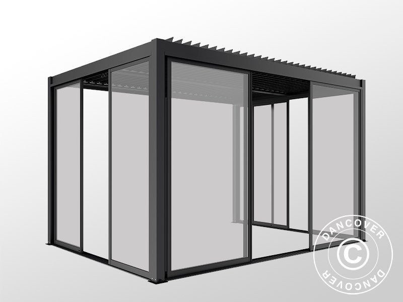 Cenador pérgola bioclimática San Pablo Alu+ con puertas correderas, 3x4m, Negro