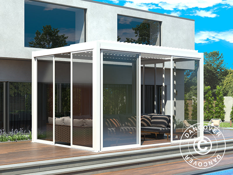 Bioklimatischer Pergola-Pavillon San Pablo Alu+ mit Schiebetüren, 4x4m, Weiß