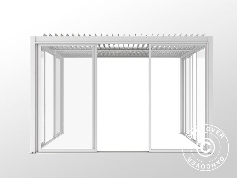 Bioklimatischer Pergola-Pavillon San Pablo Alu+ mit Schiebetüren, 4x4m, Weiß