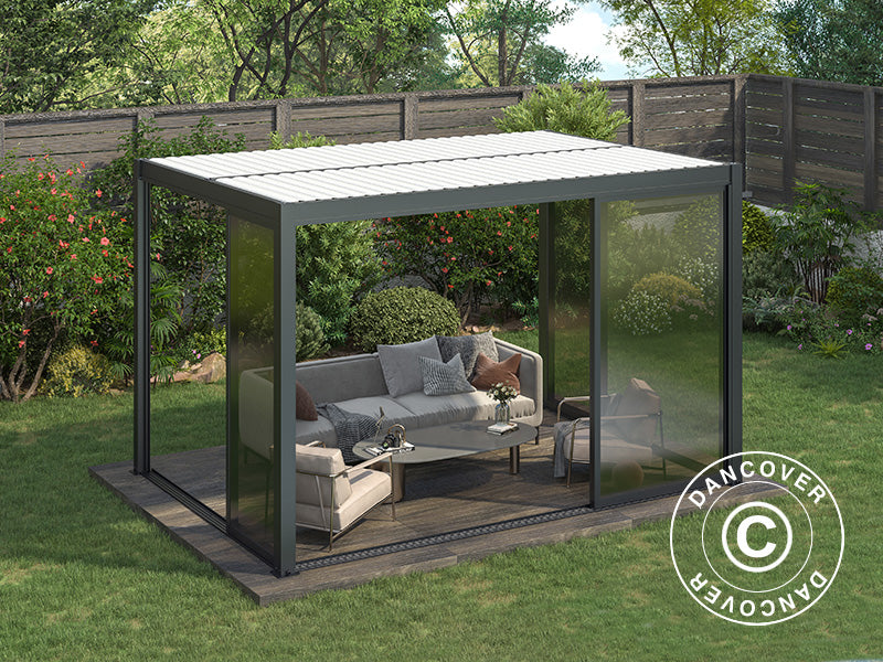 Bioklimatischer Pergola-Pavillon San Pablo Alu+ mit Schiebetüren, 4x4m, Schwarz/Weiß