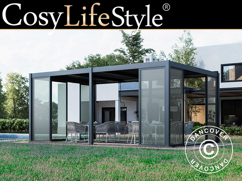 Bioklimatischer Pergola-Pavillon San Pablo Alu+ mit Schiebetüren, 3x5,8m, Schwarz