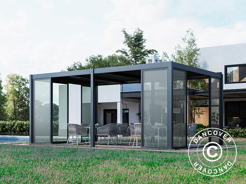 Bioklimatischer Pergola-Pavillon San Pablo Alu+ mit Schiebetüren, 4x5,8m, Schwarz