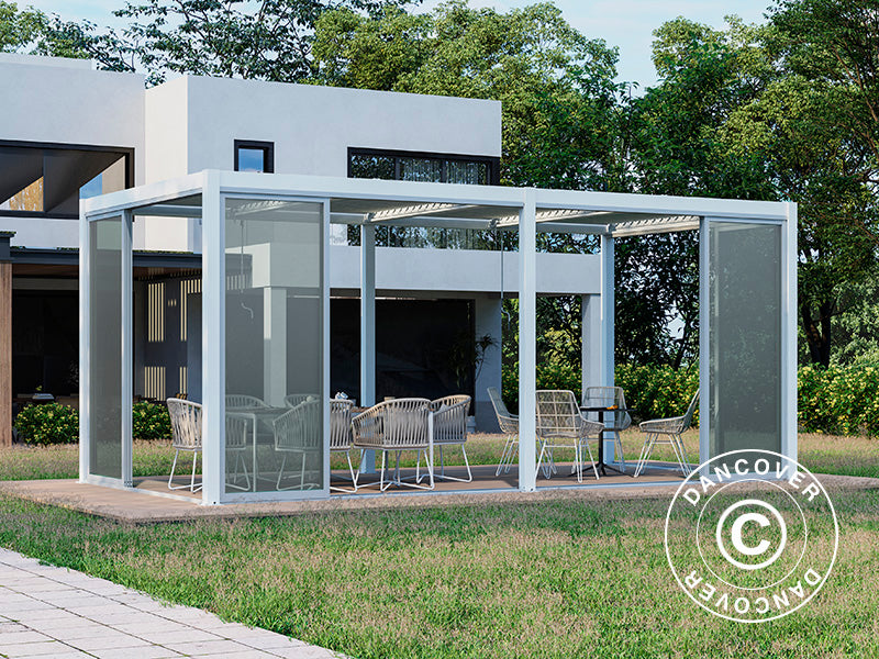 Bioklimatischer Pergola-Pavillon San Pablo Alu+ mit Schiebetüren, 4x5,8m, Weiß