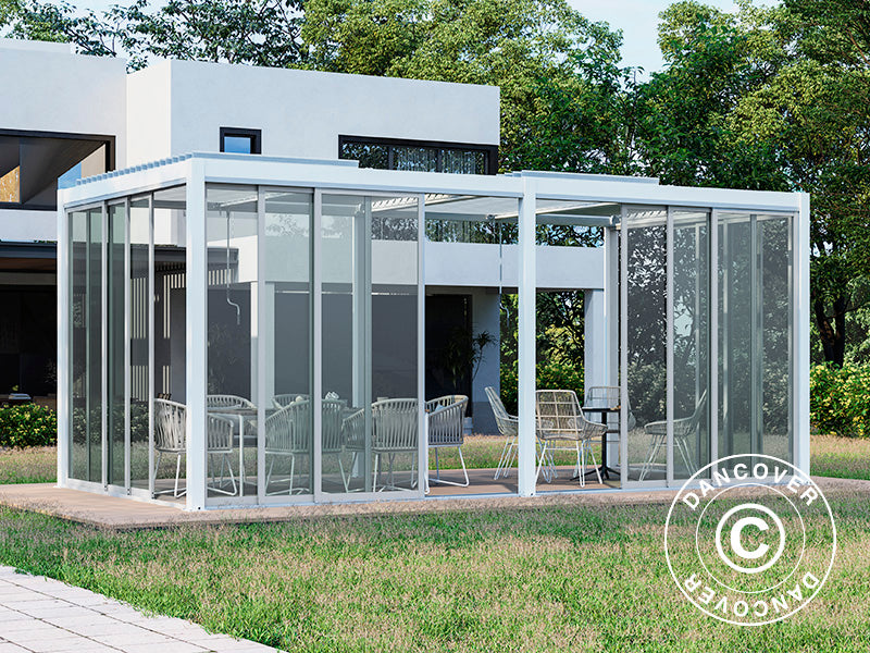Bioclimatic pergola gazebo San Pablo Alu+ w/sliding doors, 4x5.8 m, White