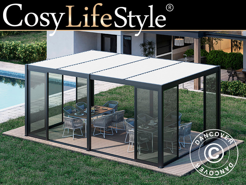 Bioclimatic pergola gazebo San Pablo Alu+ w/sliding doors, 4x5.8 m, Black/White