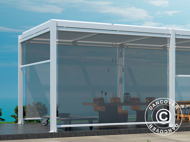 Bioclimatic pergola gazebo San Pablo Alu+, 3x5.8 m w/6 sidewall screens, White
