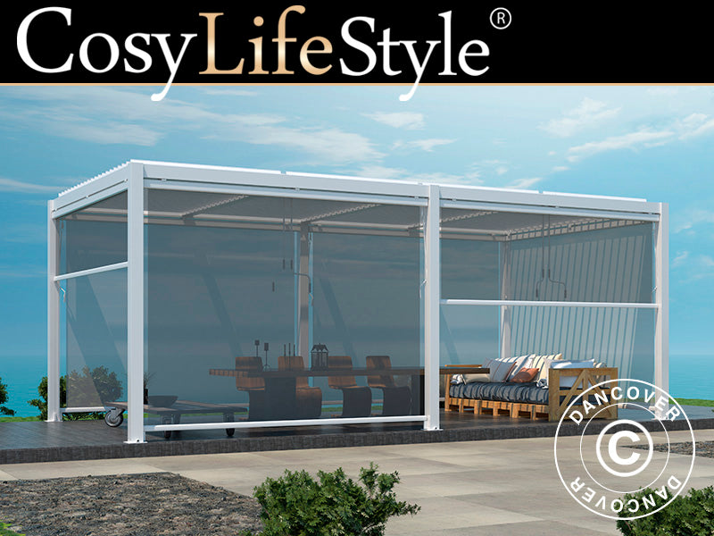 Gazebo bioclimático San Pablo Alu+, 3x5,8m com 6 cortinas laterais, Branco