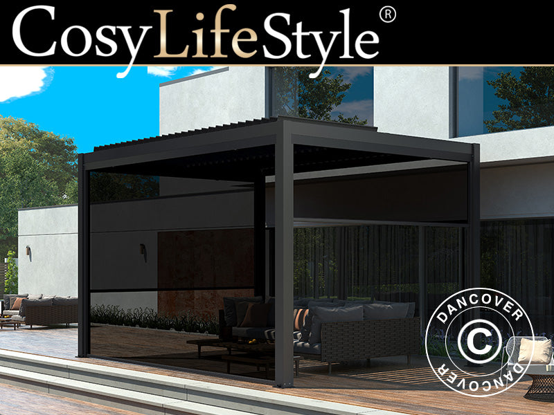 Gazebo de jardim bioclimático San Pablo Alu+, 4x4m, com 4 painéis laterais, Preto