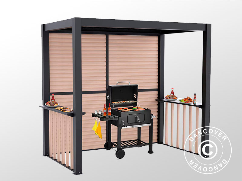 Pergola San Juan per barbecue, con pareti e lati a lamelle, 2,5x1,5x2,3m, Nero/Effetto legno