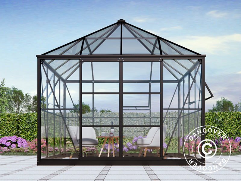 Serra orangerie, gazebo in vetro 8,06m², 2,82x2,86x2,8m con base, Nero