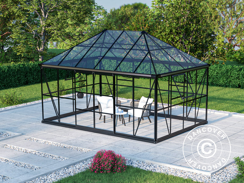Serre orangerie, tonnelle de jardin en verre 12m², 4,2x2,86x2,84m avec base, Noir