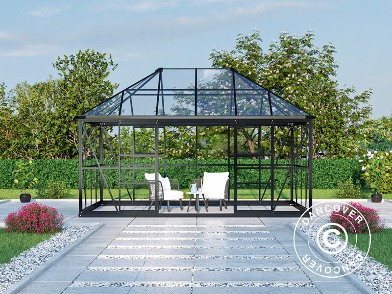Serre orangerie, tonnelle de jardin en verre 12m², 4,2x2,86x2,84m avec base, Noir