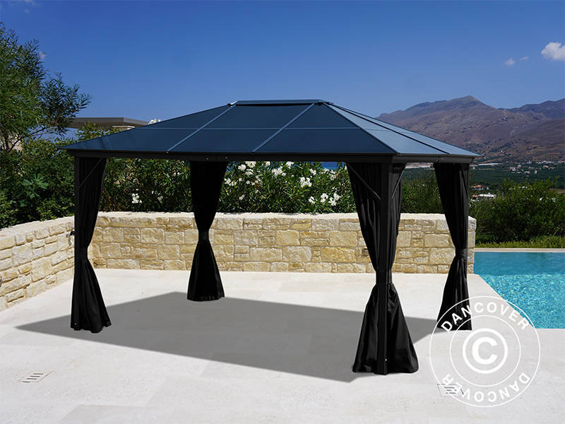 Pavillon Santa Barbara mit Vorhängen und Moskitonetz, 3x4m, Schwarz