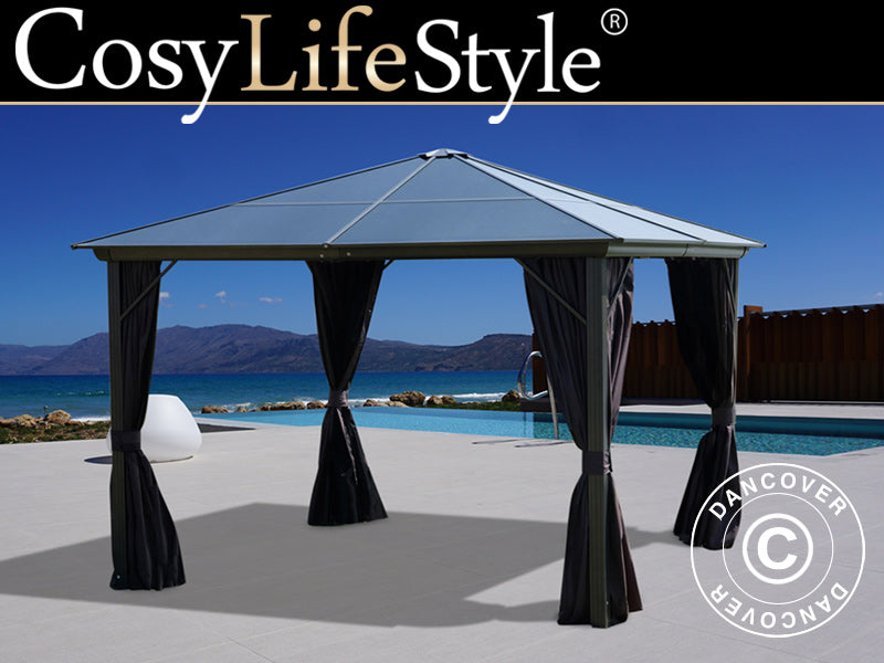 Gazebo Santa Barbara w/curtains and mosquito net, 4x4 m, Black