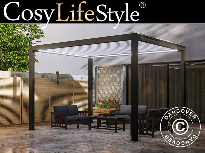 Bioklimatischer Pergola-Pavillon Génova mit LED-Beleuchtung, 4x3m, Anthrazit/Weiß