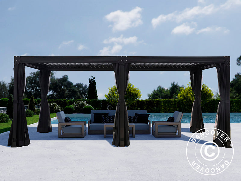 Bioklimatischer Pergola-Pavillon Monterey, 3x6m, mit Vorhängen und Moskitonetz, Schwarz