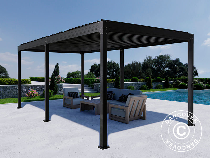 Gazebo pergola bioclimatico Monterey, 3x6m, con tendine e zanzariera, Nero
