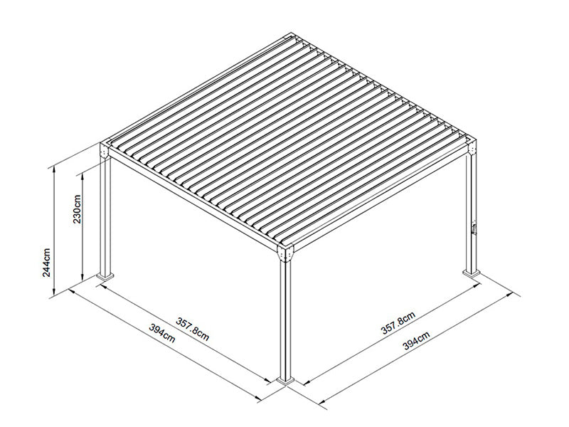 Cenador pérgola bioclimática Monterey, 4x4m, con cortinas y mosquitera, Negro