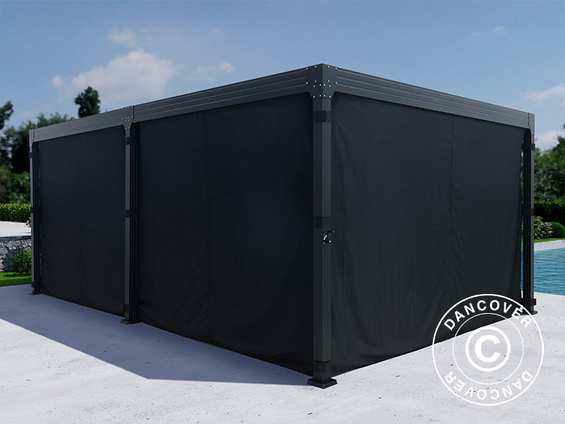 Gazebo pergola bioclimatico Monterey, 4x6m, con tendine e zanzariera, Nero