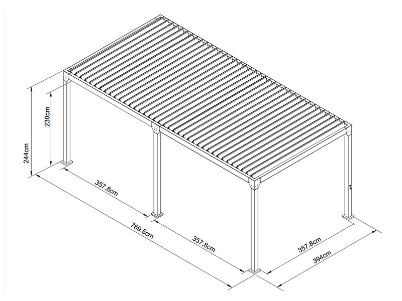Bioklimatologisch pergola paviljoen Monterey, 4x8m, met gordijnen en klamboe, Zwart