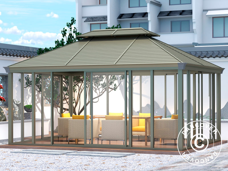 Pavillon San Bruno mit Seitenwänden aus Polycarbonat, 3,6x5m, Messing