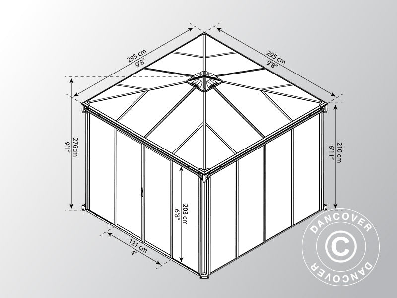 Serre orangerie, tonnelle de jardin LEDRO, 8,7m², Palram/Canopia, 2,95x2,95x2,95x2,76m, Gris