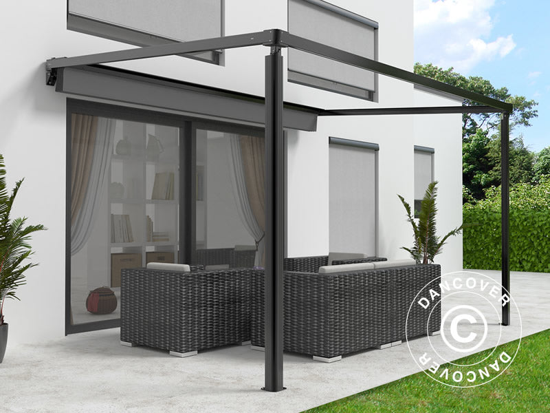 Terrassikate, seinale kinnitatav pergola Santa Ynez, 4x3m, Must/Tumehall