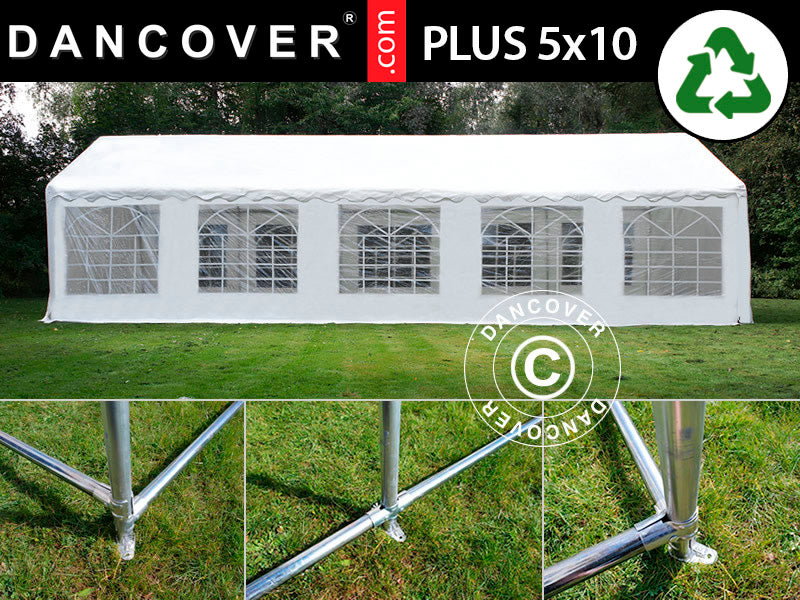 Tenda para festas PLUS 5x10m PE 700, Branco + Armação para fixação no solo