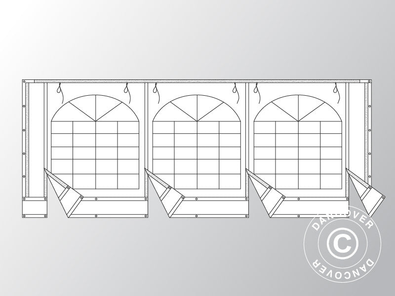 Giebelwand mit großem Fenster und breiter Tür, 6m, flammfestes PVC, weiß