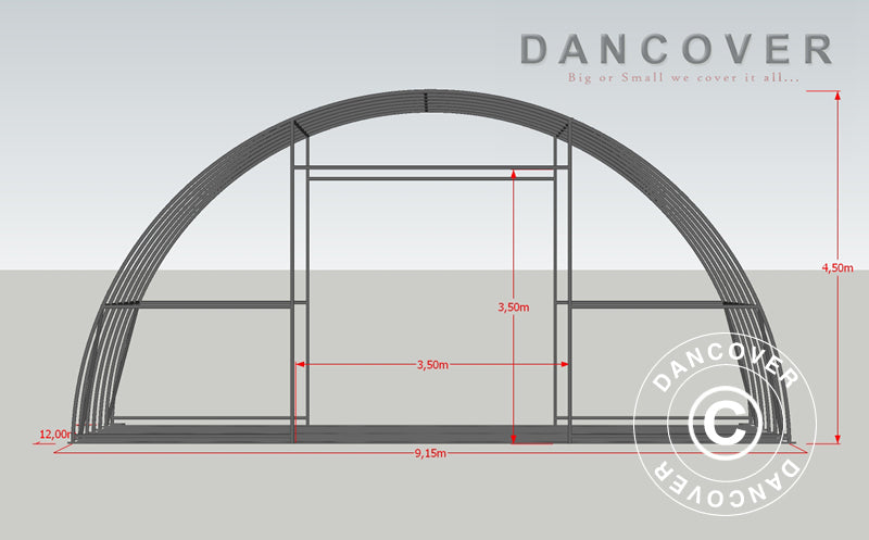 Tunnel agricole 9,15x12x4,5m, PVC, Blanc