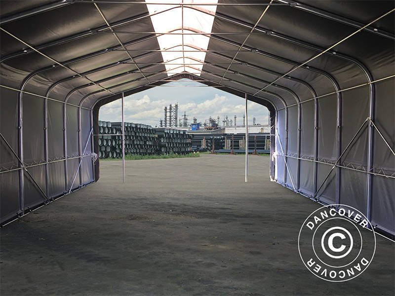 Tente de Stockage PRO 6x18x3,7m PVC avec lucarne, Gris