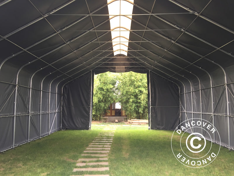 Tente de stockage PRO 8x12x5,2m PVC avec lucarne, Gris