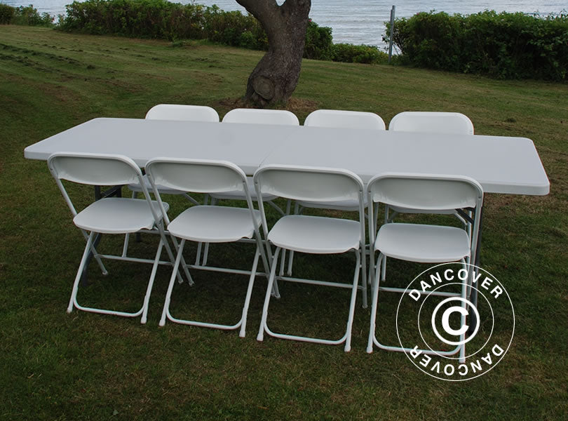 Pacchetto Party, 1 tavolo pieghevole (240cm) + 8 sedie, Grigio chiaro/Bianco