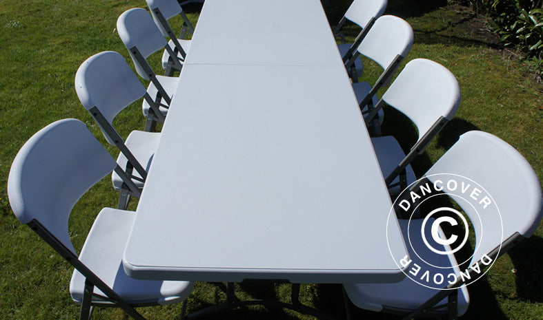 Conjunto para fiesta, 1 mesa plegable (240cm) + 8 sillas, Gris claro/Blanco
