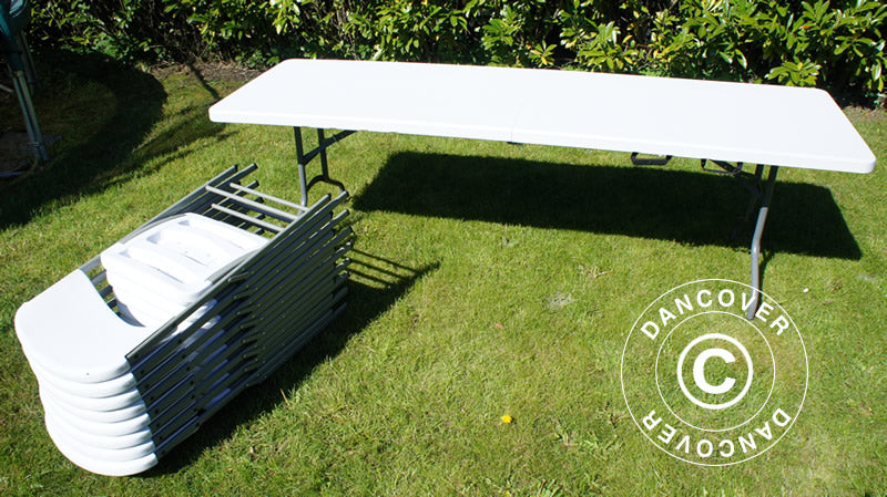 Party-Paket, 1 Klapptisch (240cm) + 8 Klappstühle, Hellgrau/Weiß