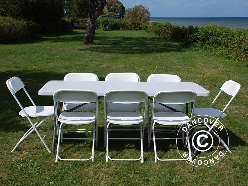 Conjunto de festa, 1 mesa dobrável (180cm) + 8 cadeiras, Luz cinza/Branco