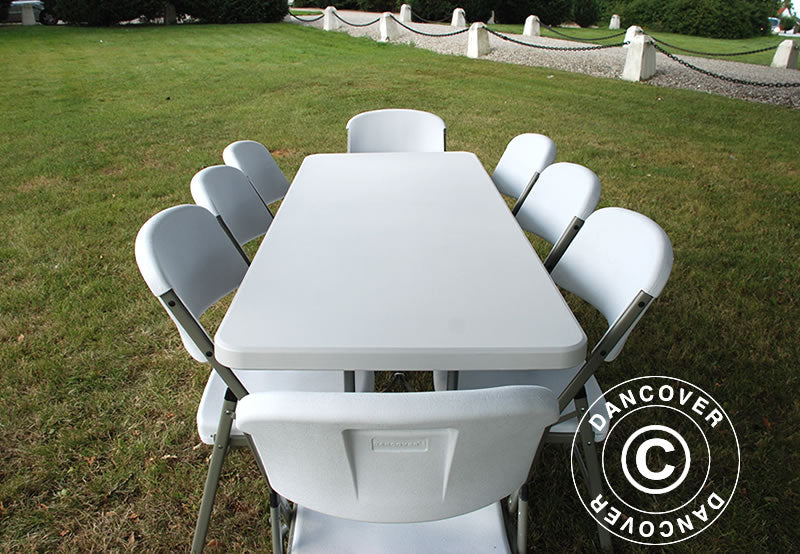 Conjunto para fiesta, 1 mesa plegable (180cm) + 8 sillas, Gris claro/Blanco