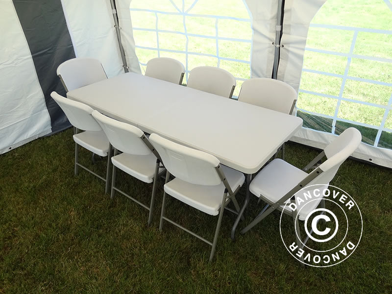 Conjunto para fiesta, 1 mesa plegable (180cm) + 8 sillas, Gris claro/Blanco
